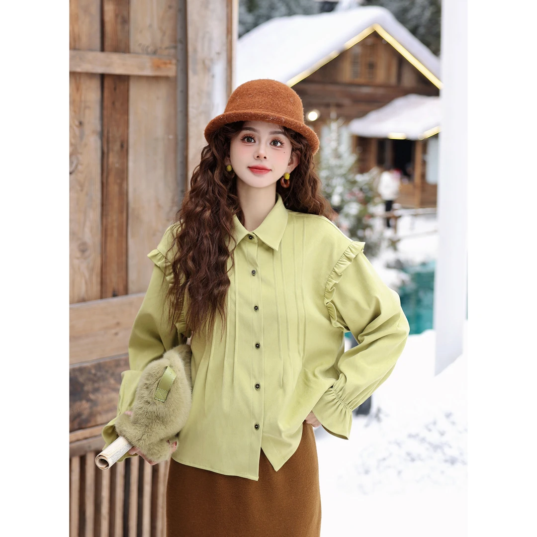 陈大器【荷风曲岸】复古港风秋冬拼接长袖百搭上衣衬衫JB3328386