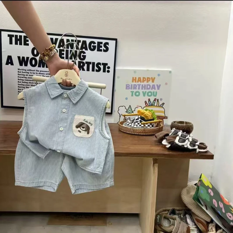 男童牛仔套装2025夏季新款休闲韩版薄款无袖衬衫五分短裤两件套潮