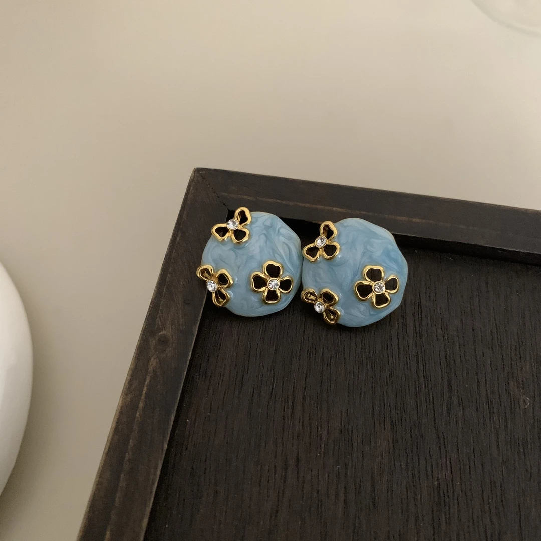 铜合金耳饰 拾来花【耳间江南耳饰】古典福气丨蓝色高级贵气时尚款