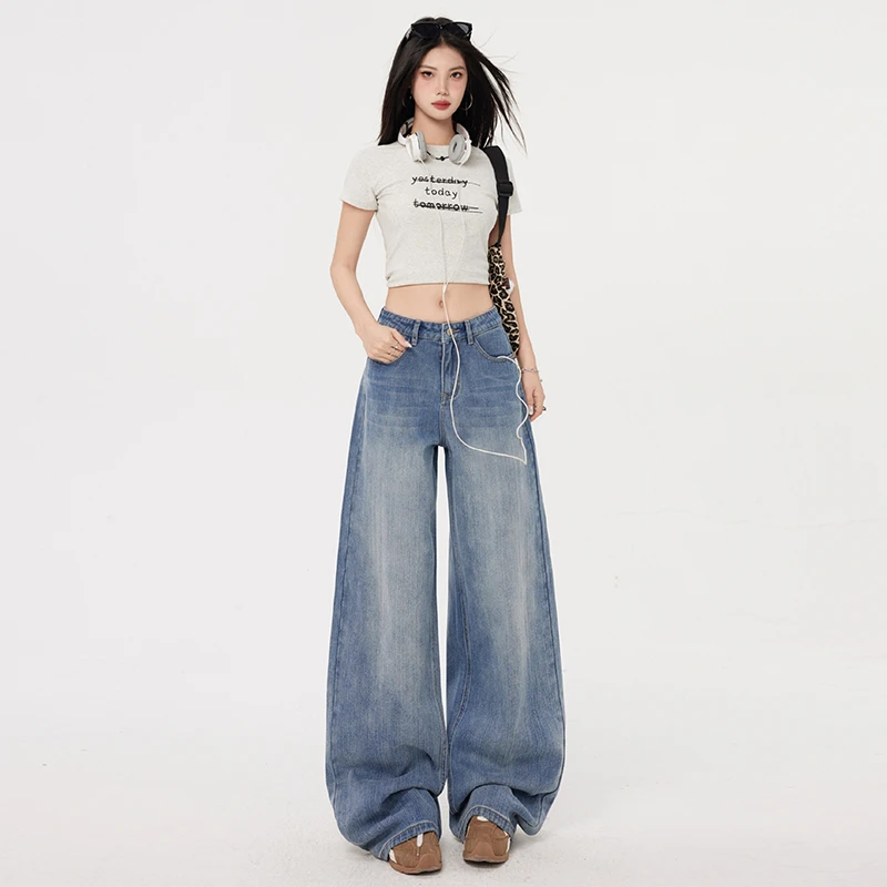 2025秋装复古纹理水洗竹节棉肌理感修腿牛仔裤宽松阔腿休闲裤女