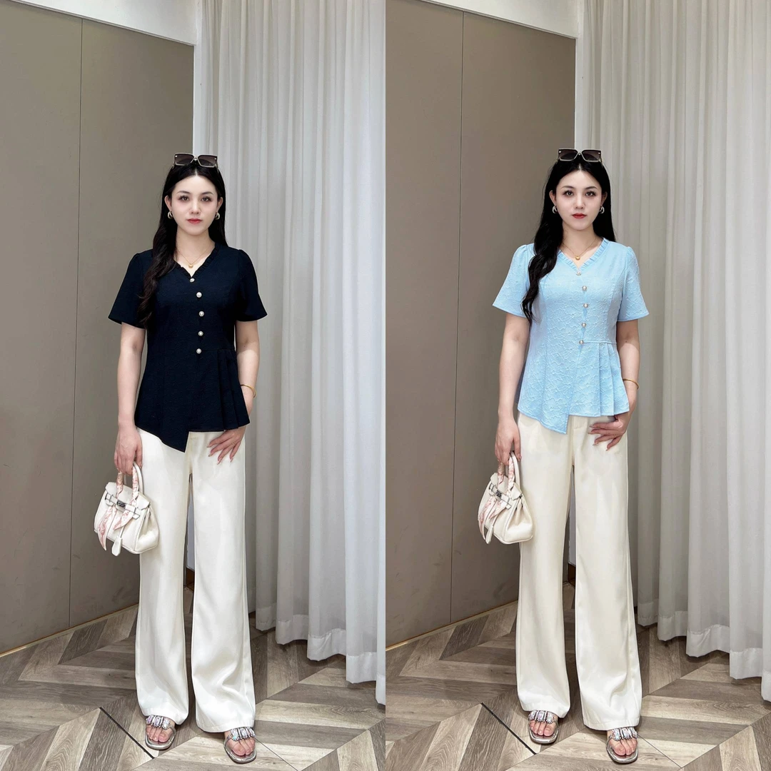 上衣【悦林大码】PDM22151夏季新款百搭显瘦收腰不规则V领压花T恤