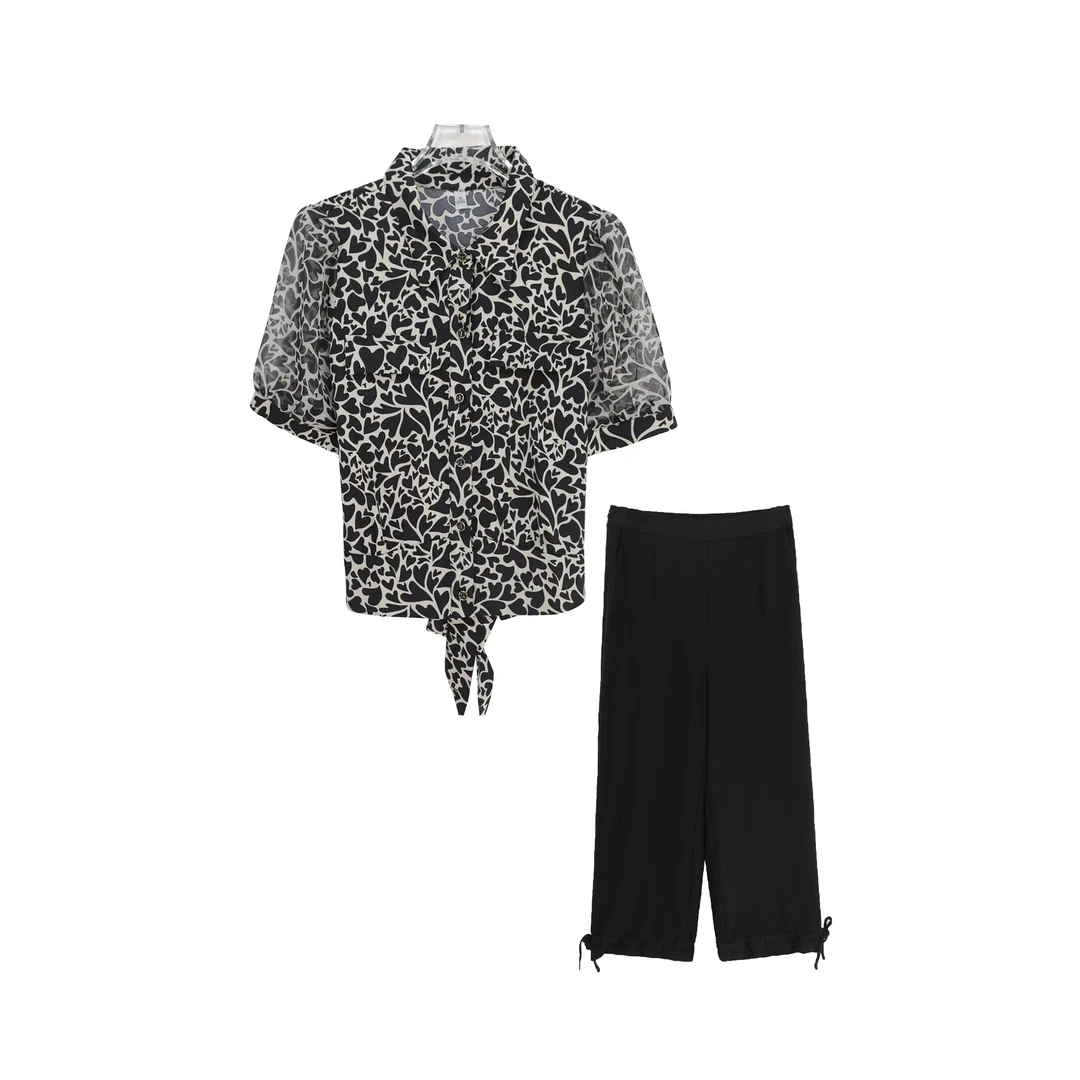 休闲气质设计感印花衬衫夏季时尚阔腿裤套装S390