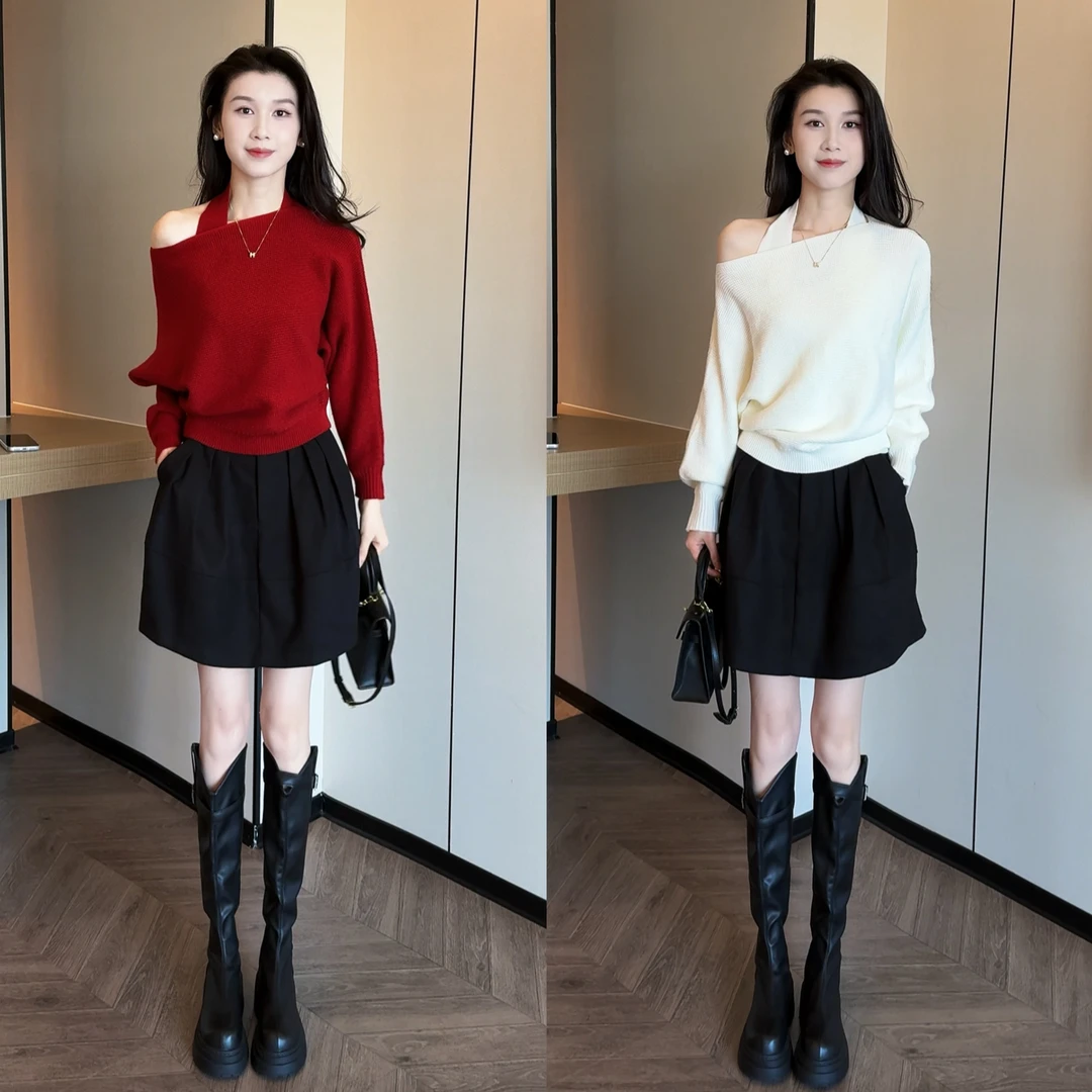 温柔纯欲设计感挂脖内搭背心百搭感厚款毛衣+高腰半身裙三件套潮