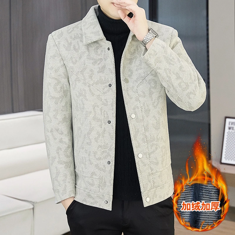 秋冬季加绒夹克男士韩版潮流时尚高级感加厚毛呢外套休闲男装百搭