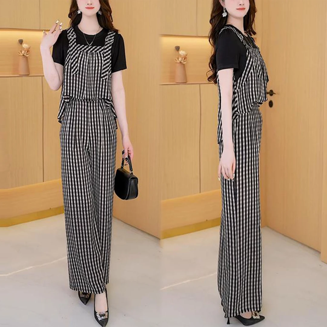 2025夏季新款时尚宽松显瘦设计感假两件短袖上衣阔腿裤子两件套女