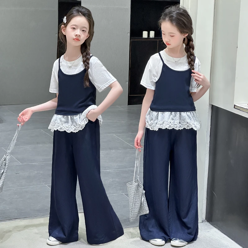 女童夏季蕾丝套装2025新款儿童韩版吊带上衣中大童洋气夏装三件套