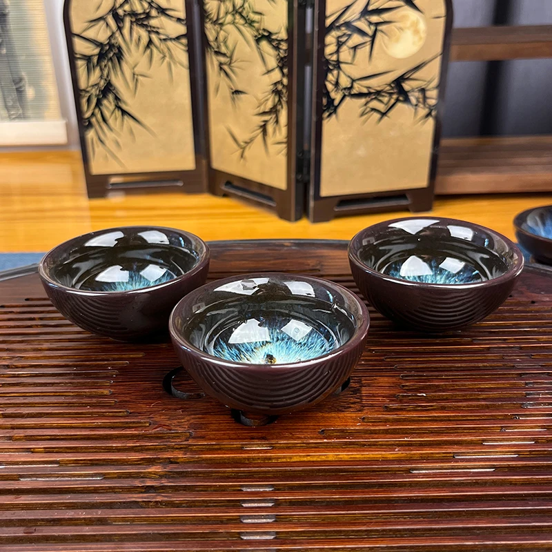 窑变沙金釉品茗杯茶杯主人杯新款中式蓝眼泪喝茶杯陶瓷拍一发三