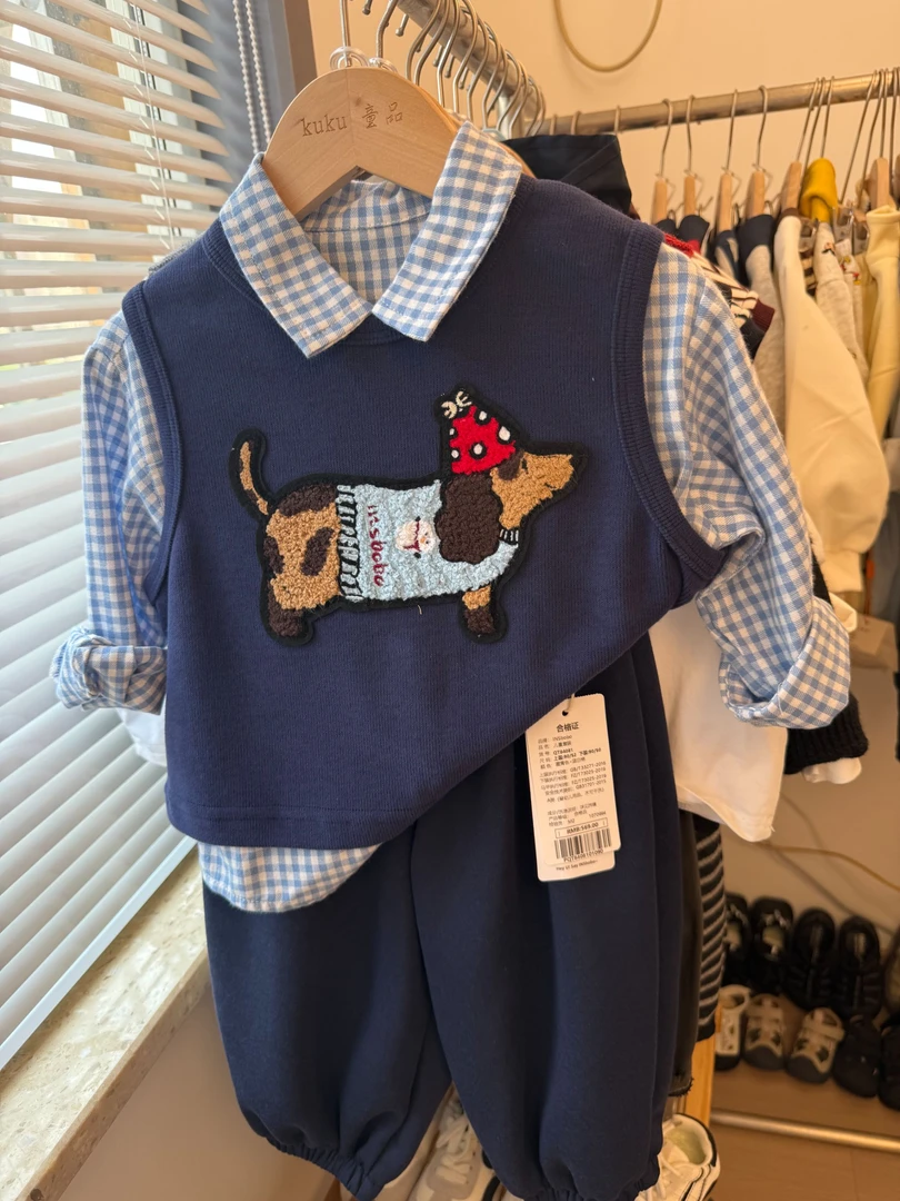 2025秋款新款儿童衬衫三件套男童百搭腊肠小狗上衣秋装衣服