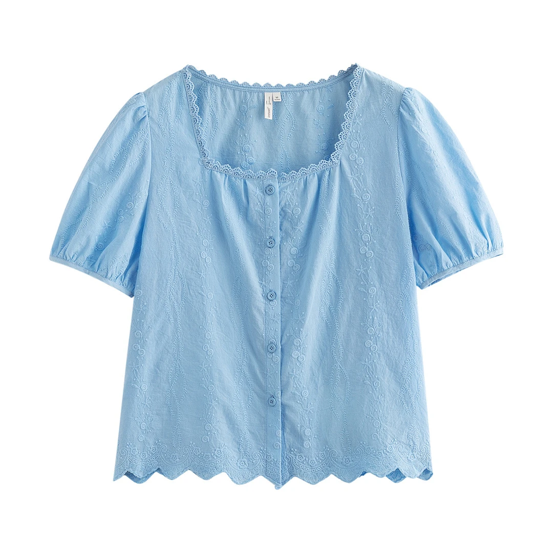 纯棉法式花边方领短袖衬衫女2025夏季气质通勤时尚欧若风衬衣