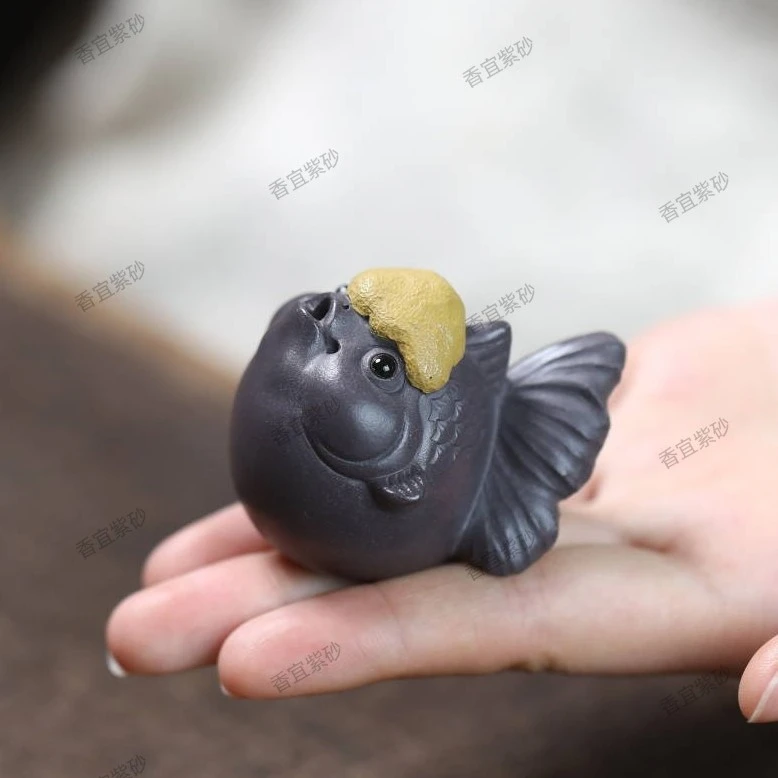 宜兴紫砂茶宠【鸿运当头】金玉满堂鱼茶宠摆件原矿手工精品香插饰品