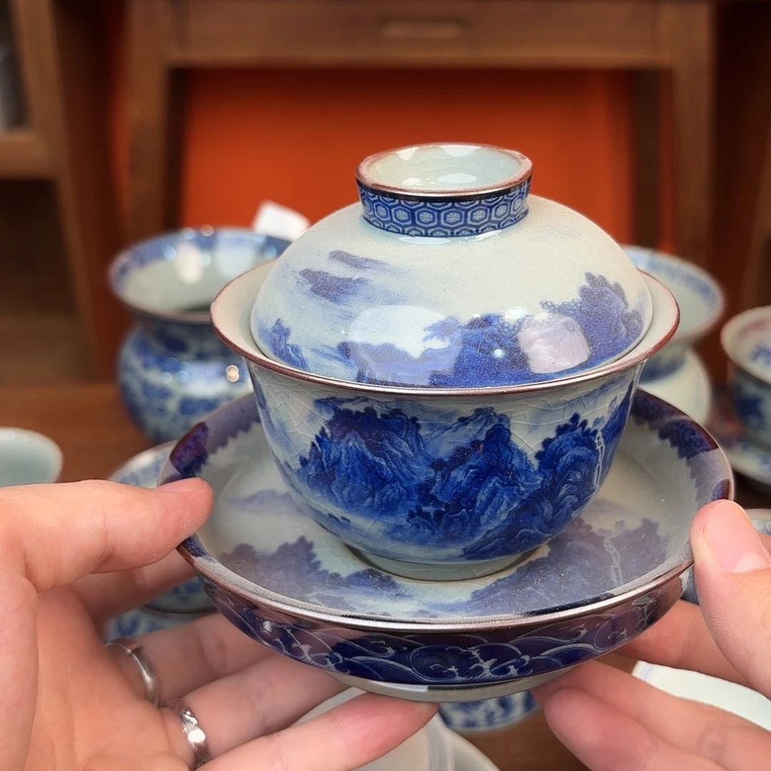 瓷片老陶泥开片三才盖碗