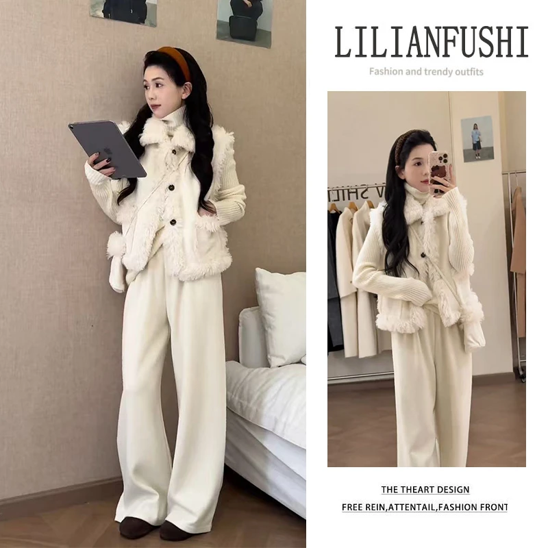 冬季温柔系穿搭女2025新款气质极简风方领马甲休闲裤氛围感三件套