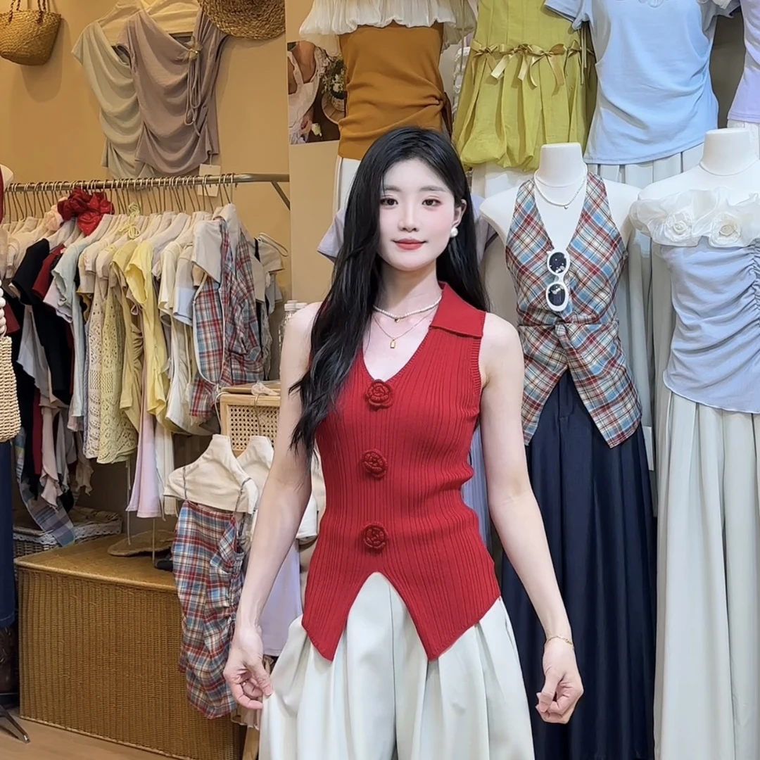 温柔风纯欲v领开叉针织背心女夏季polo领打底衫花朵冰丝外穿上衣
