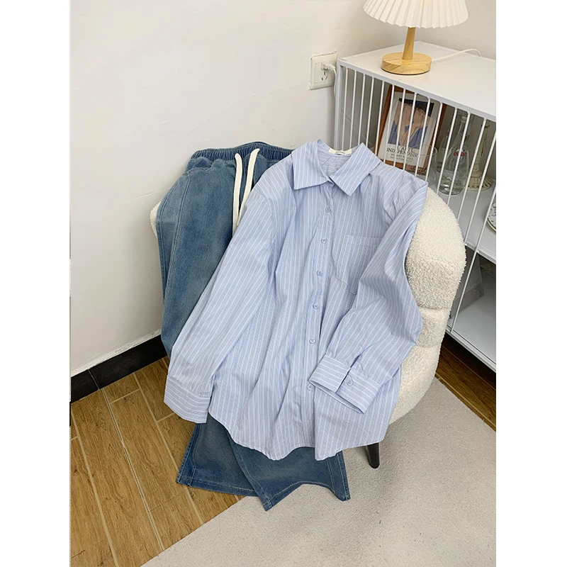 “海岸” 韩系条纹衬衣 色织工艺高级感蓝色条纹长袖衬衫女
