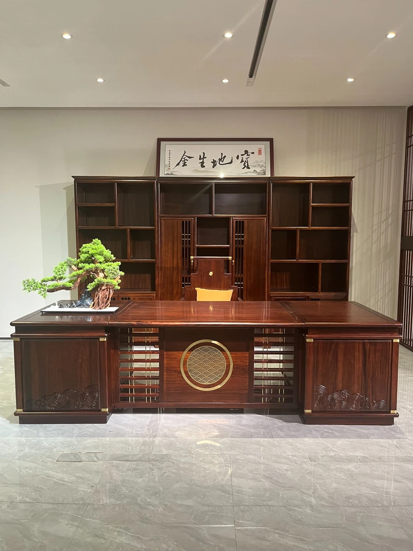 高端实木办公桌班台总裁桌新中式茶桌办公桌乌金木办公桌
