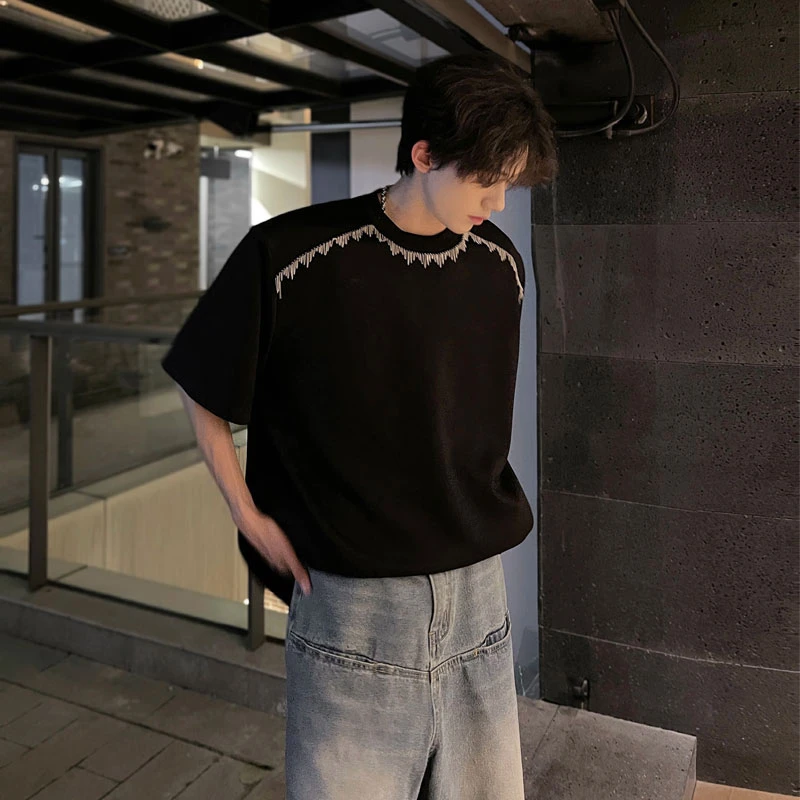 300g重磅垫肩纯棉明线设计感短袖T恤男夏季潮流美式高街痞帅上衣
