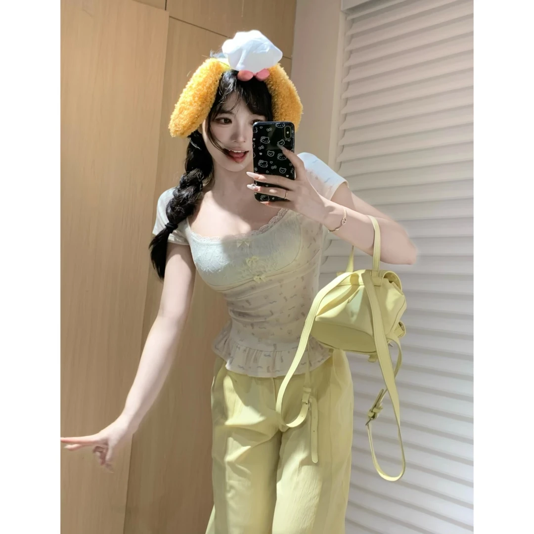 MengFair【头号甜心】甜美方领显瘦收腰短袖针织上衣4474欧若风