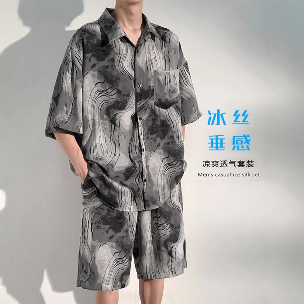 2025新中式国风冰丝沙滩套装男士夏季薄款宽松感衬衫短裤上衣套装