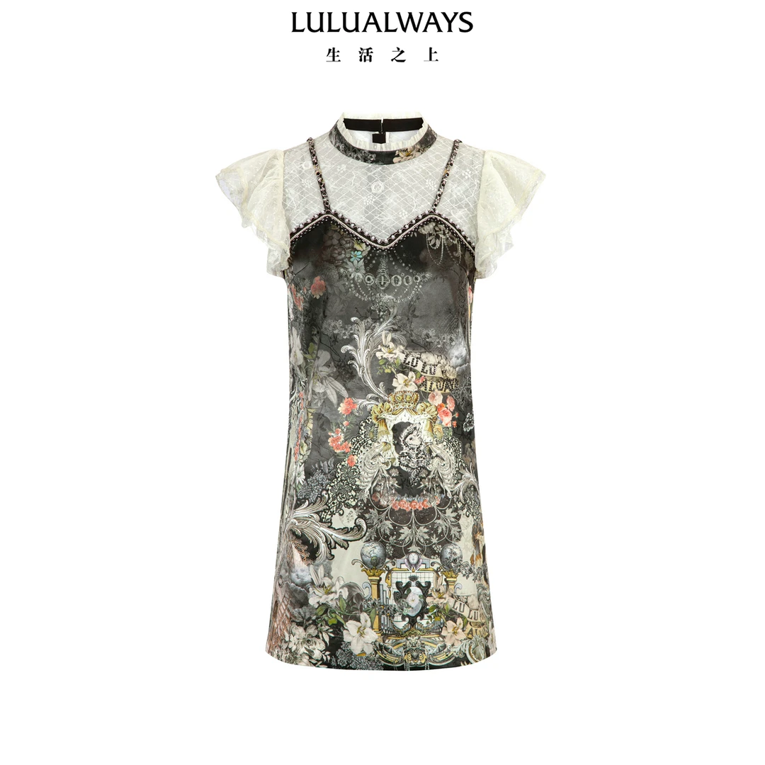LULUALWAYS【商场同款】25夏季新款宽松飞袖立领复古印花连衣裙女