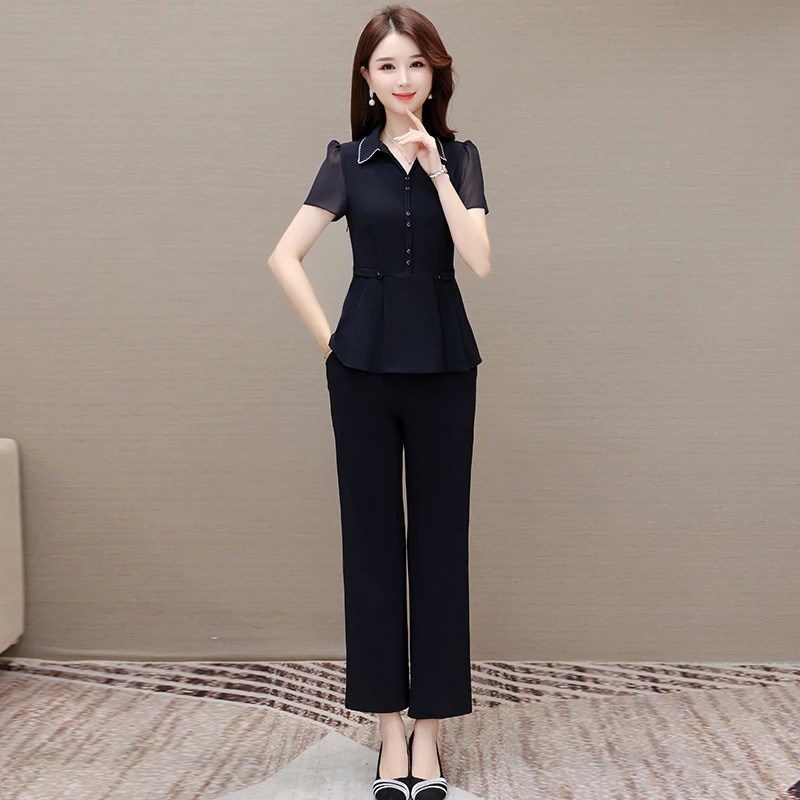 休闲风时尚小衫长裤两件套洋气休闲夏季女装短袖显瘦气质减龄宽松