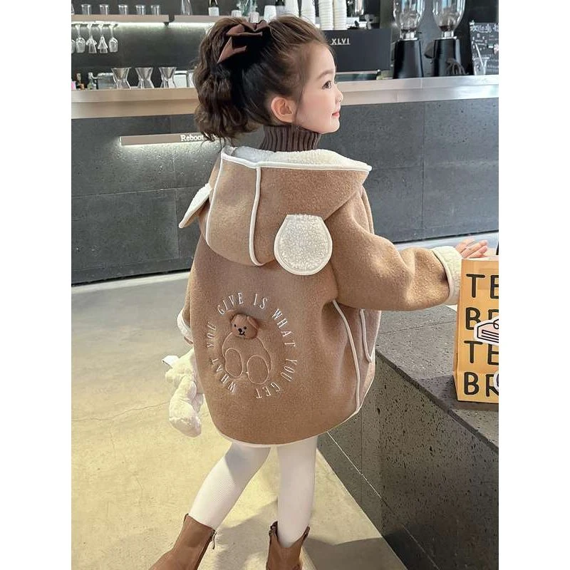 FAVMARTHA女童加绒外套毛呢秋冬款皮毛一体2025新款儿童呢子宝宝