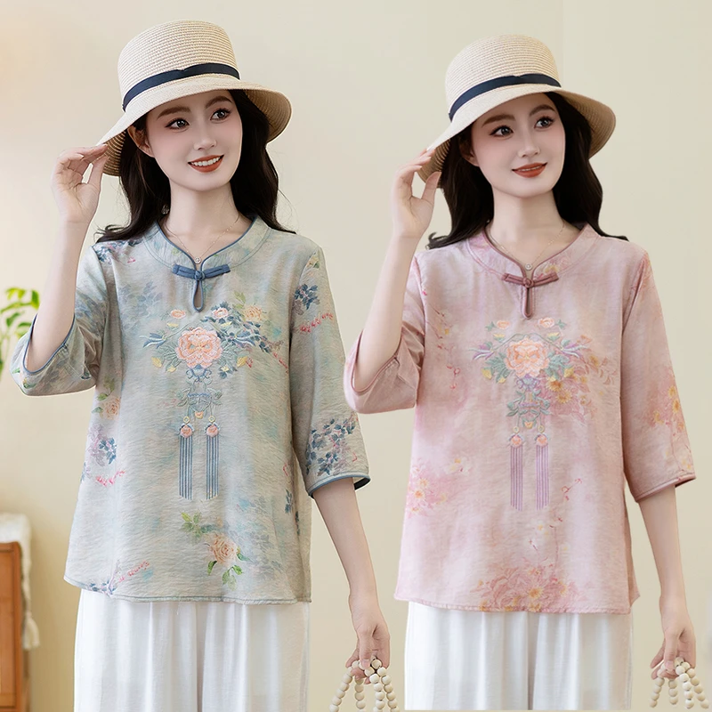 新中式盘扣上衣2025夏季新款国风刺绣衬衫女短袖小衫套装中国风