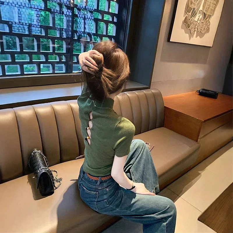 镂空冰丝薄款短袖针织衫女夏季2025新款单穿修身显瘦牛油果绿上衣