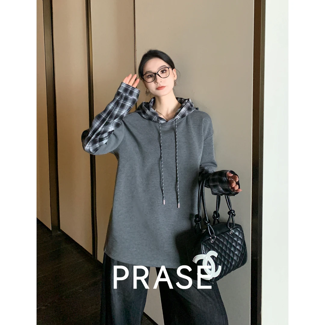 PRASE·噜【格纹艺境】假两件拼接格纹衬衫时尚连帽卫衣PR510B116