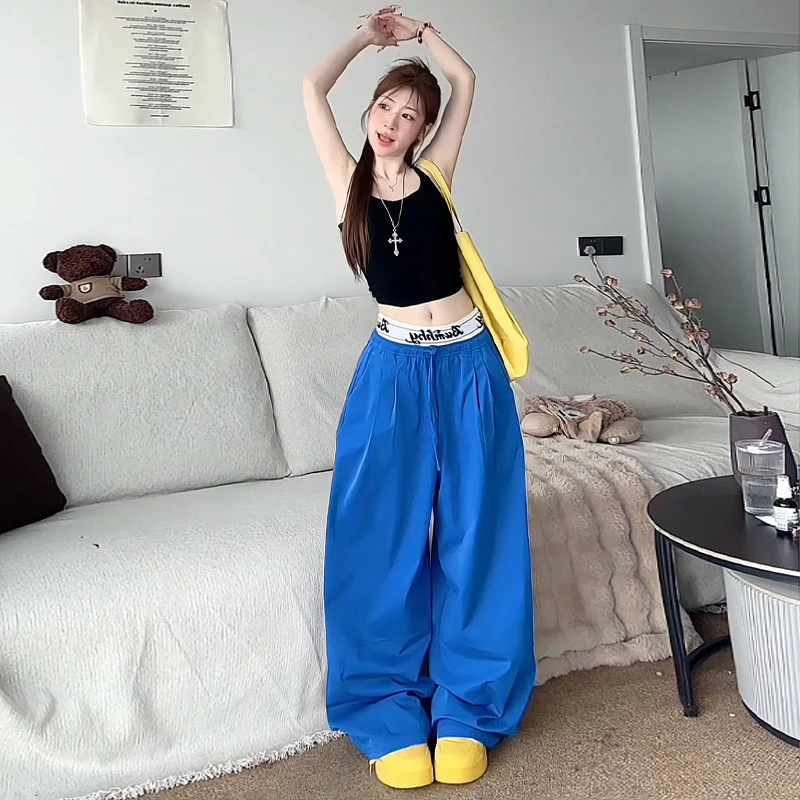 2025新款爆款运动裤女高腰宽松休闲裤垂感红色直筒美式阔腿休闲裤