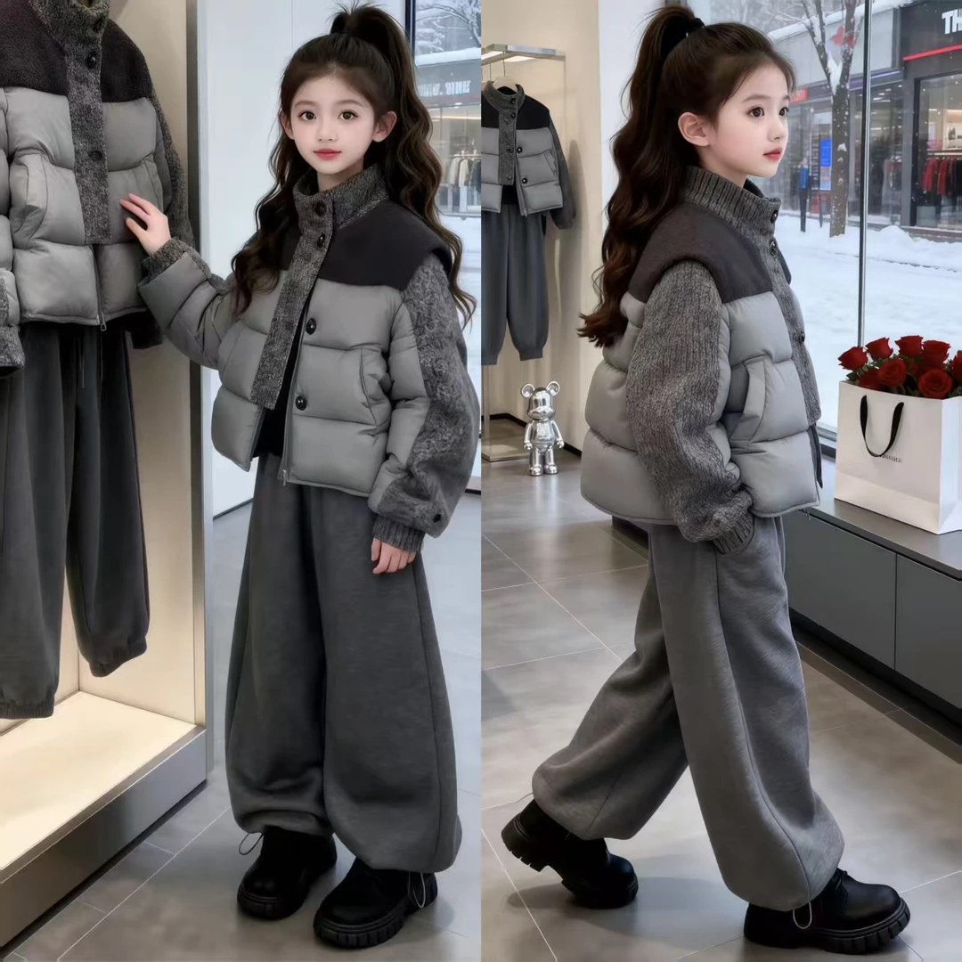 灰色羊羔毛拼接棉服女童冬季2025新款爆款流行面包服短款韩系套装