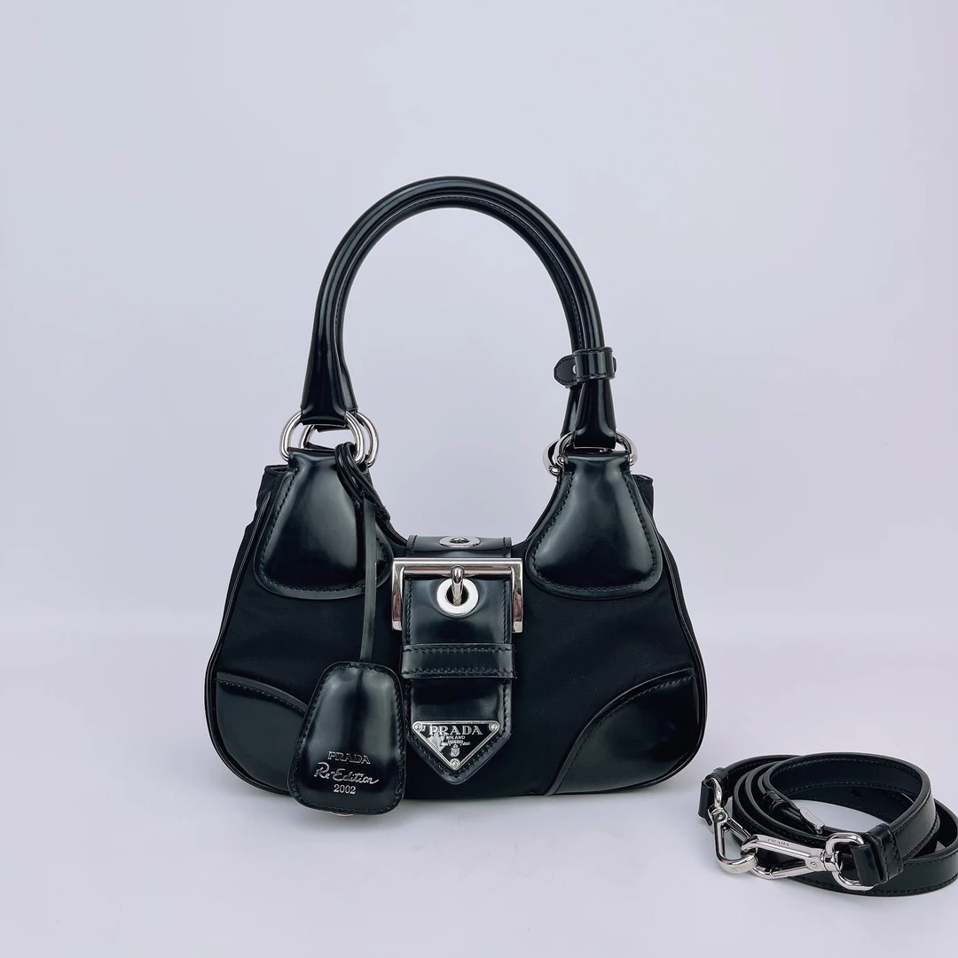 95新 Prada/普拉达 普拉达 黑色帆布拼皮手提单肩包底长23 K001