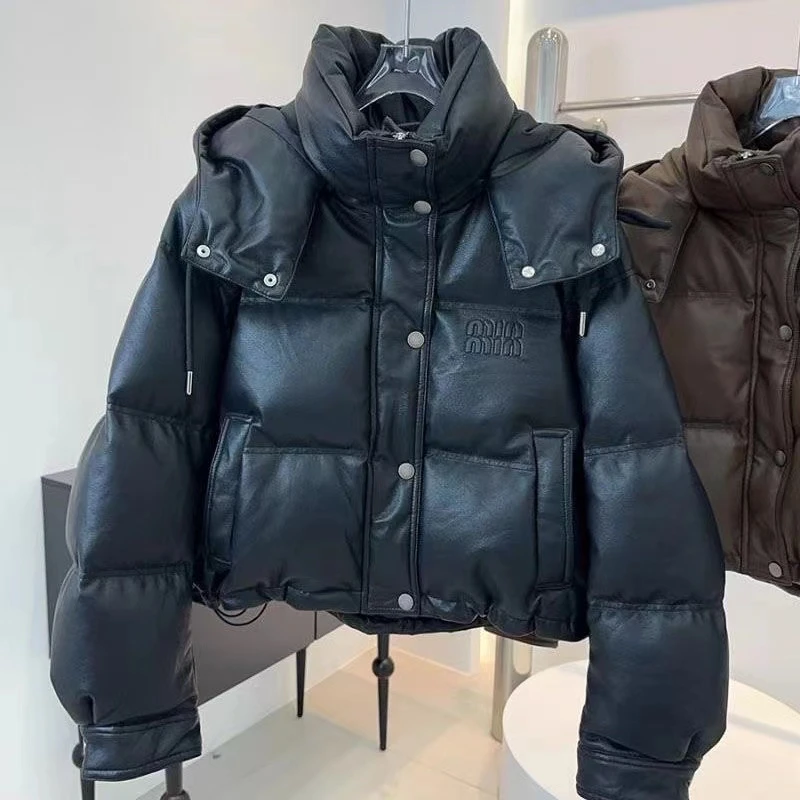 短款棉衣女2024新款小个子时尚洋气PU皮免洗加厚保暖面包服外套