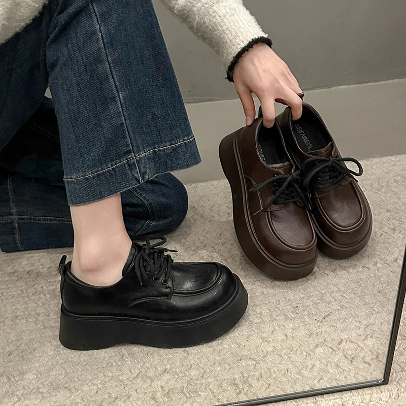 松糕厚底2025春季新款小个子法式系带百搭英伦风舒适复古乐福单鞋