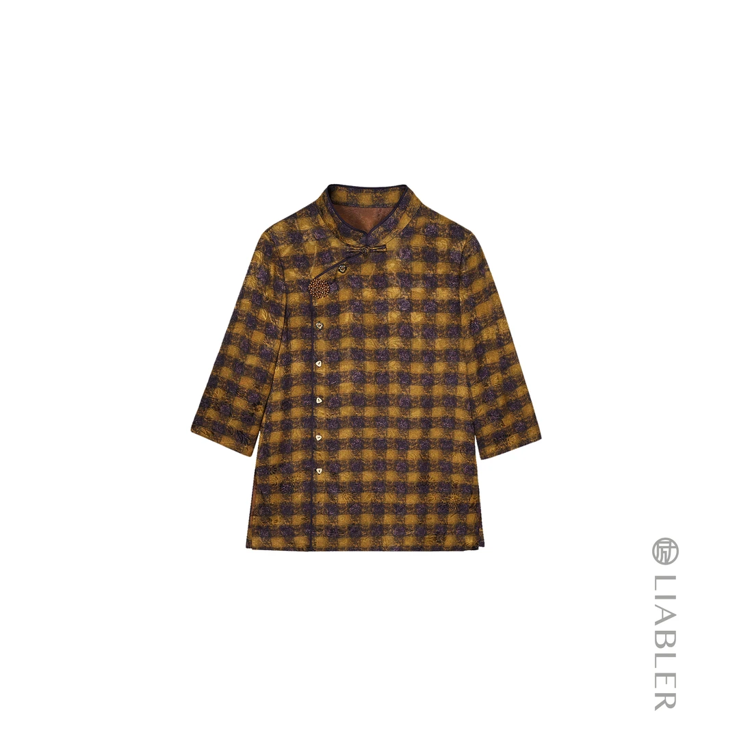 LIABLER/励 W25早秋人丝撞色格子斜襟立领上衣 LAW251657J