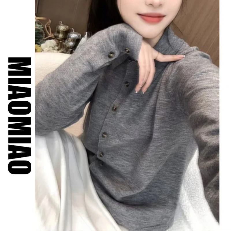 苗苗家~灰衬衫气质长袖网红时尚百搭黑色翻领秋冬503