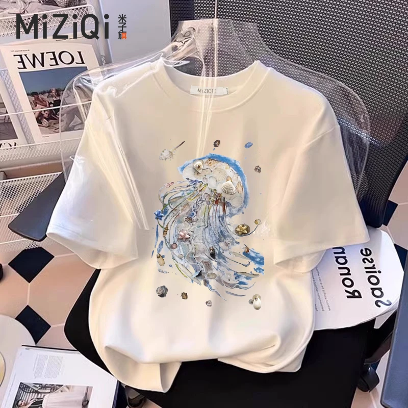 米子旗短袖圆领T恤t恤百搭宽松中长款韩版时尚半袖印花重工夏季女