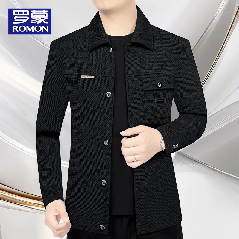 罗蒙男士新款高档商务休闲翻领夹克中年爸爸男装外套春秋季修身
