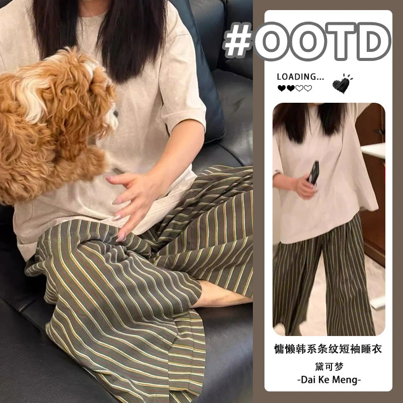 慵懒韩系条纹睡衣套装女少女清爽透气短袖长裤可外穿家居服休闲夏