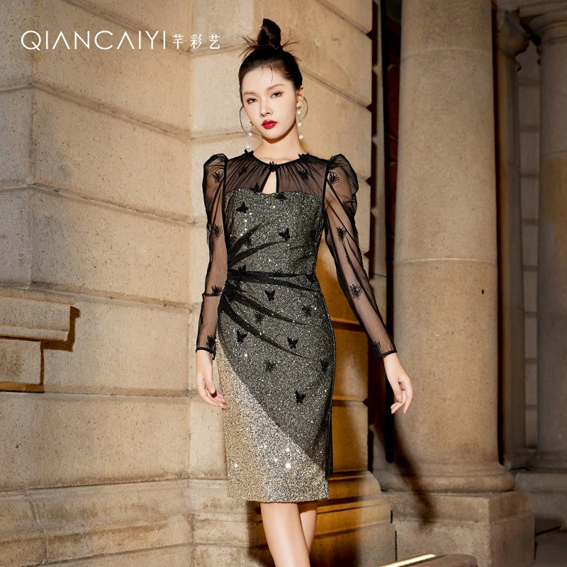 Y23387礼服女蕾丝亮片轻奢镂空气质时尚重工晚宴酒会包臀连衣裙