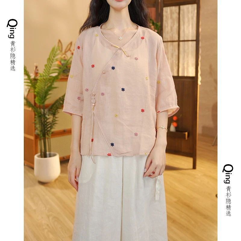5638夏季苎麻刺绣斜襟宽松衬衫时尚百搭国风中式上衣