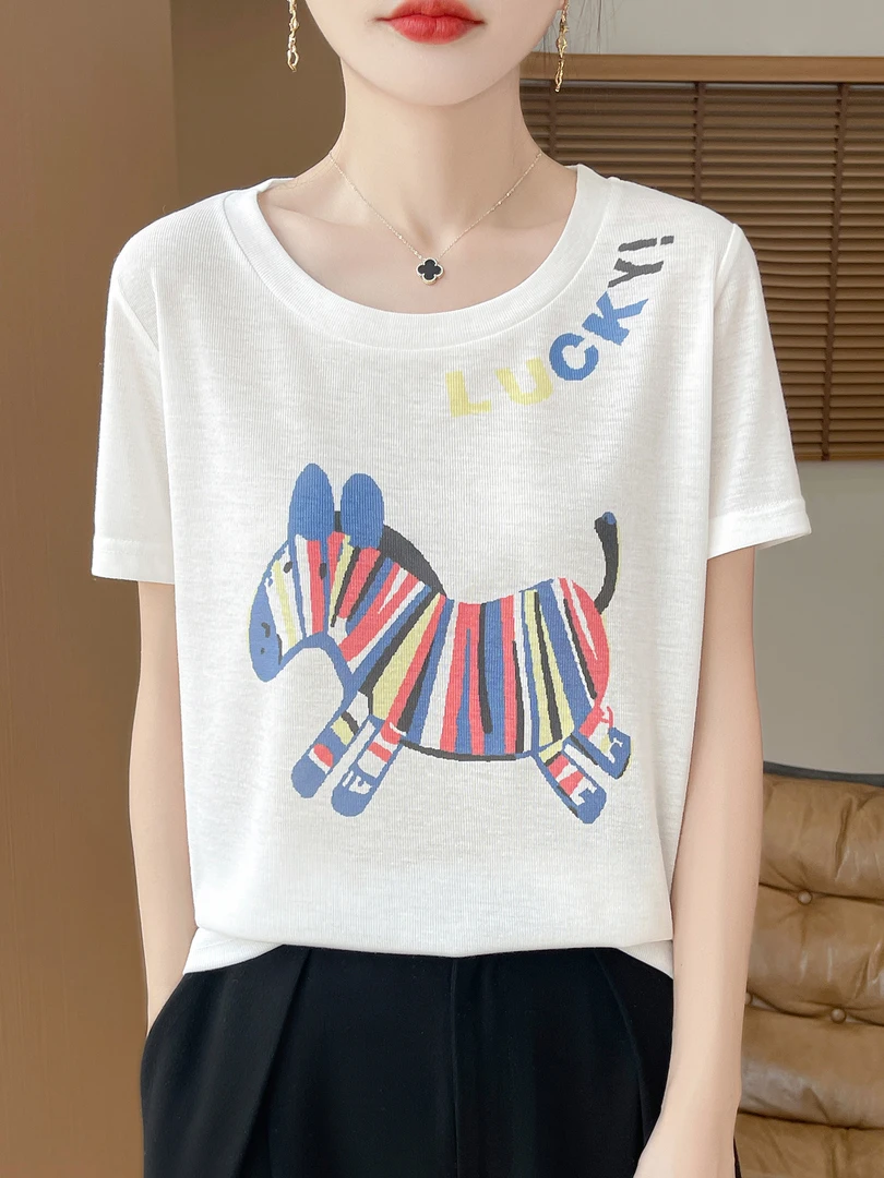 韩系减龄小马印花短袖t恤女2025夏季新款设计感T恤上衣