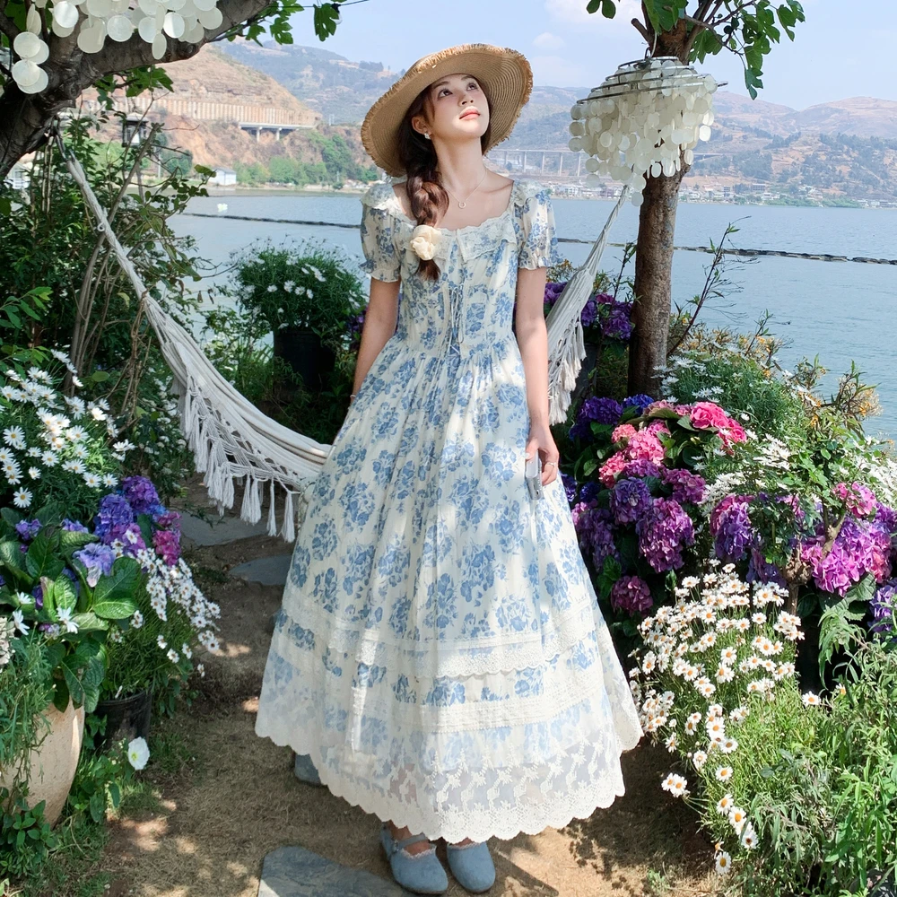 法式风长款长裙抹胸型法式连衣裙方领裙子夏季牛仔风碎花显瘦气质