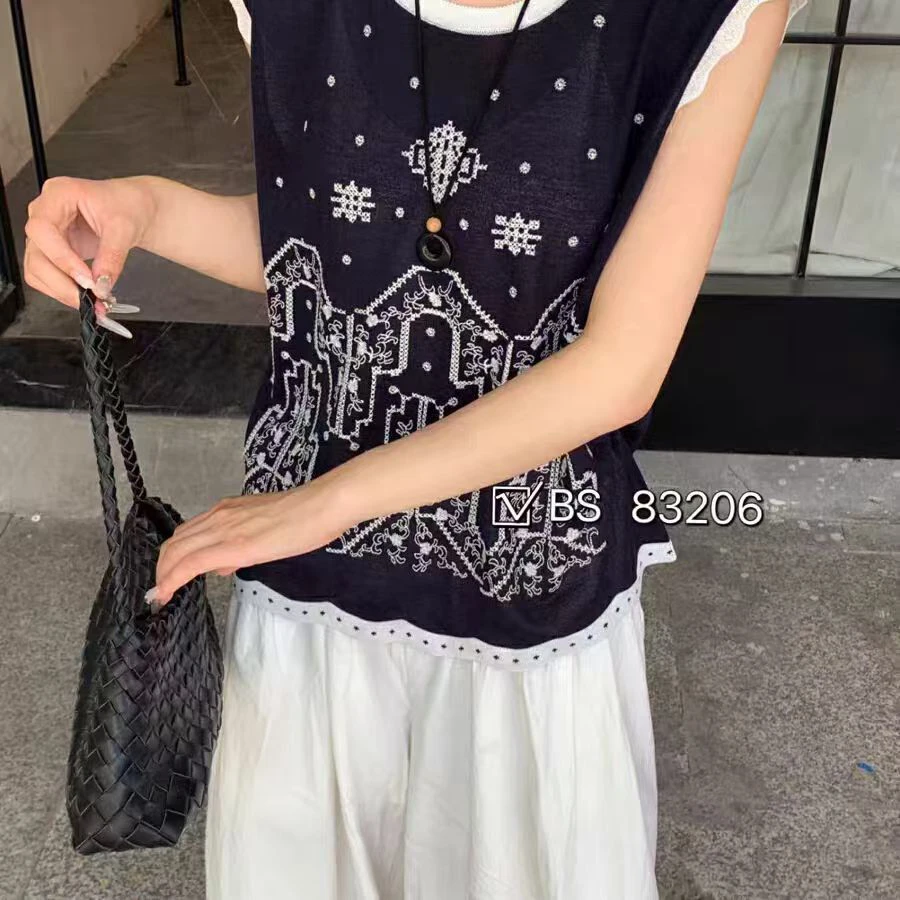 韩系简约重工刺绣无袖衬衫度假风通勤宽松女款上衣2829