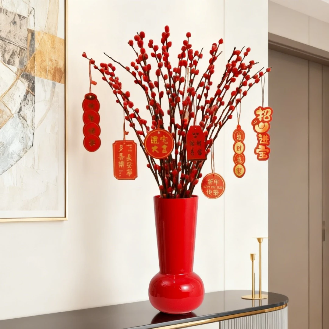 【花伴水】30支银柳带玻璃花瓶鲜枝干花摆件新年喜庆