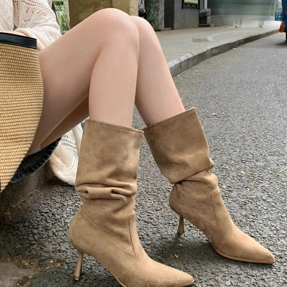 细高跟短筒堆堆靴女西部牛仔靴尖头显瘦软皮磨砂大码杏色中筒靴子