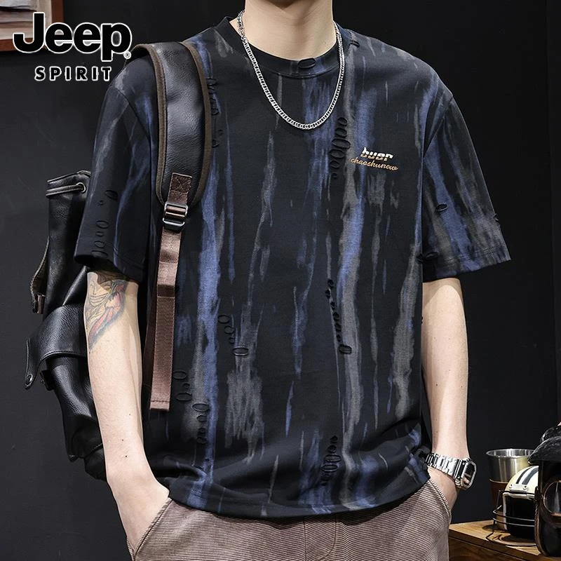 Jeep吉普提花漏洞潮牌短袖t恤男士夏季2025新款衣服美式复古体恤