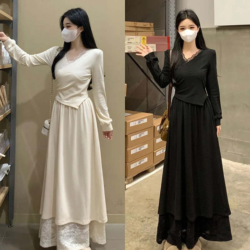 胖颖专属大码春季新款V领蕾丝温柔假两件加厚针织长裙553