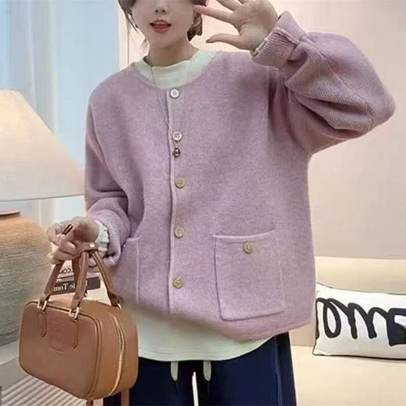 圆领纯色针织衫外套女2025春秋新款韩系慵懒风宽松时尚针织衫上衣