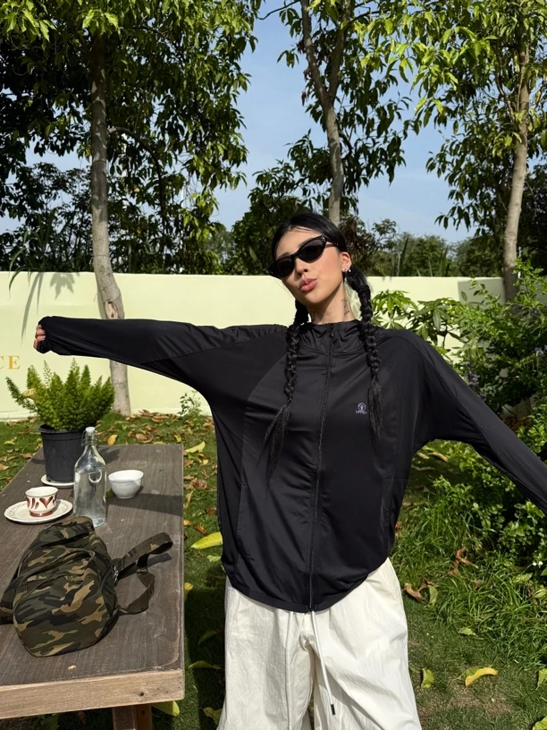 猫小主#0580夏季新款带指套拉链连帽防晒外套，衣长：63cm