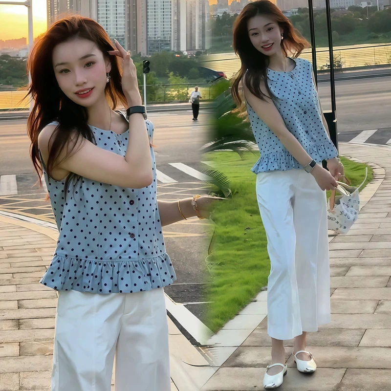 时尚套装女宽松夏季新款无袖波点衬衫荷叶边小衫九分阔腿两件套潮